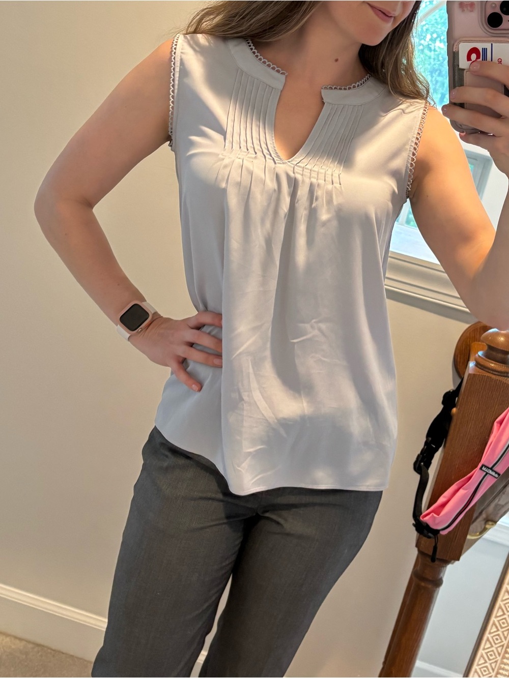 Ann Taylor Light Blue/Gray Sleeveless Pintuck V-Neck Blouse - fits like Small